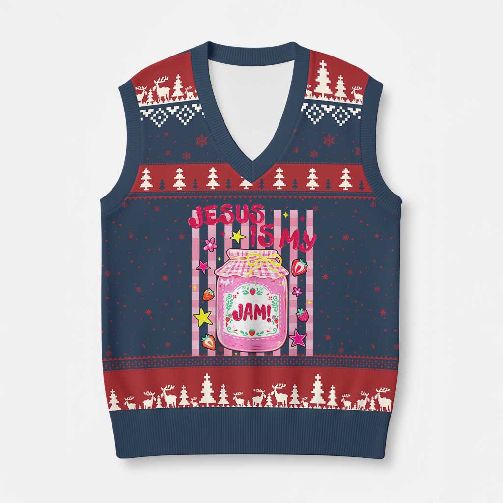 Cute Christian Faith Preppy Graphic V-Neck Knit Sweater Vest Jesus Is My Jam Strawberry Fruit Jar