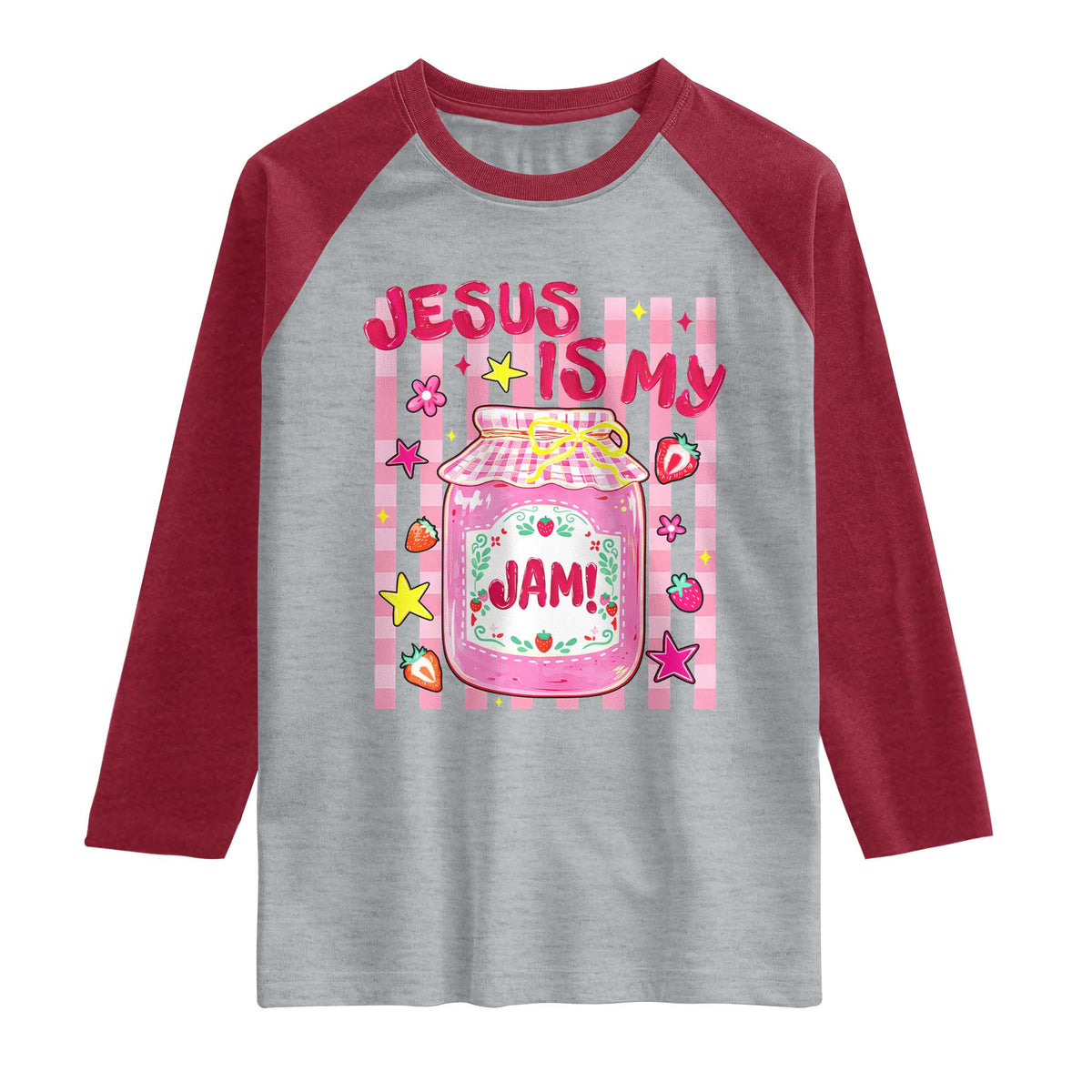 Cute Christian Faith Preppy Graphic Raglan Shirt Jesus Is My Jam Strawberry Fruit Jar