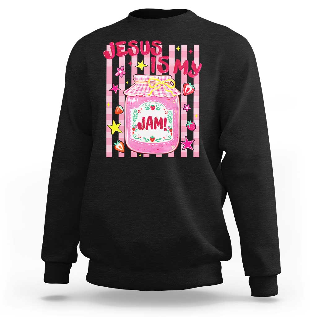 Cute Christian Faith Preppy Graphic Sweatshirt Jesus Is My Jam Strawberry Fruit Jar