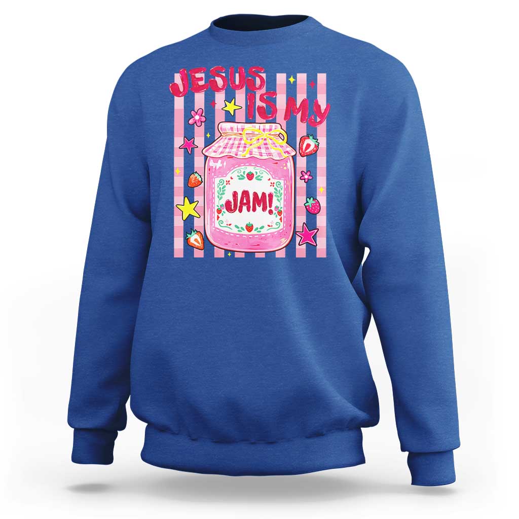 Cute Christian Faith Preppy Graphic Sweatshirt Jesus Is My Jam Strawberry Fruit Jar