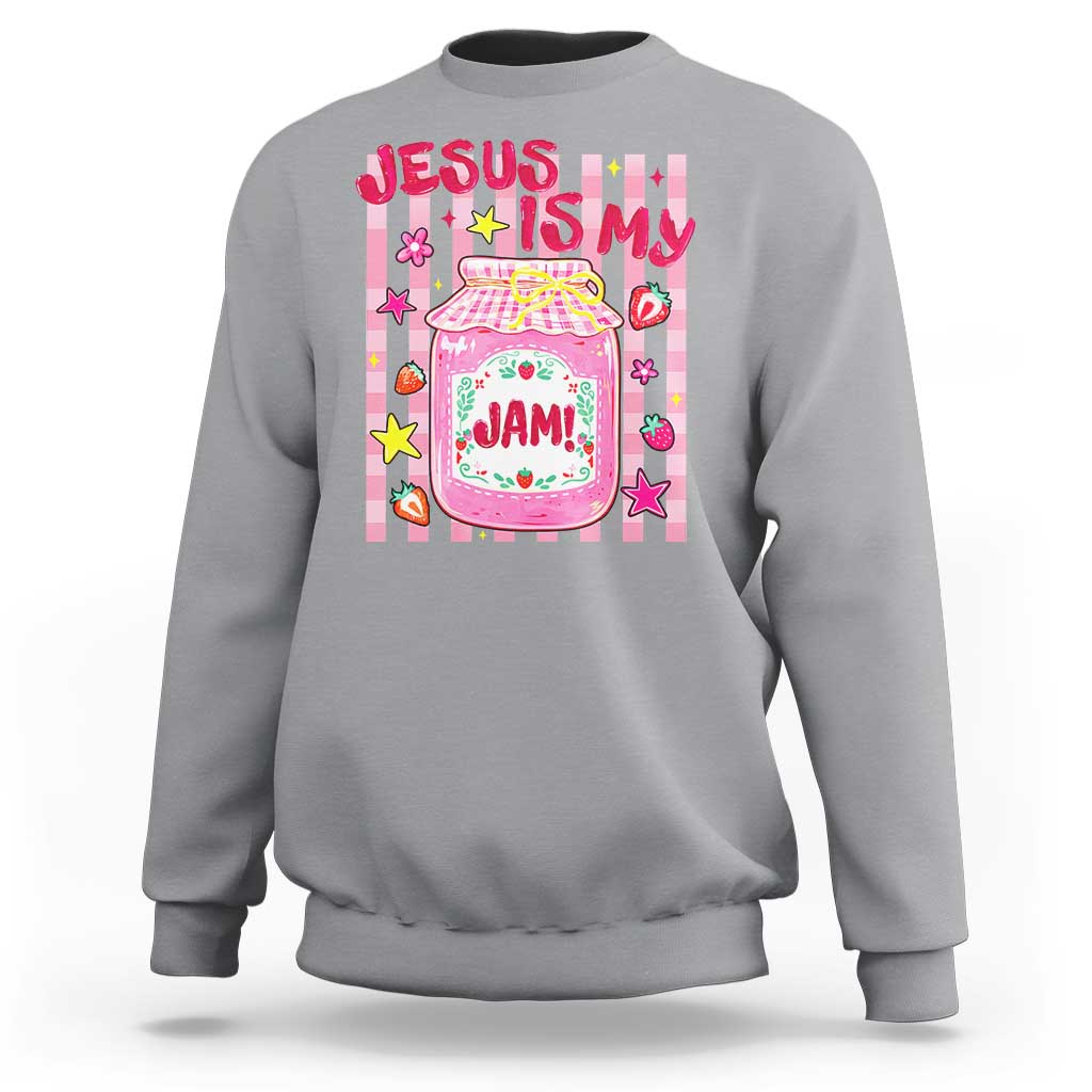 Cute Christian Faith Preppy Graphic Sweatshirt Jesus Is My Jam Strawberry Fruit Jar