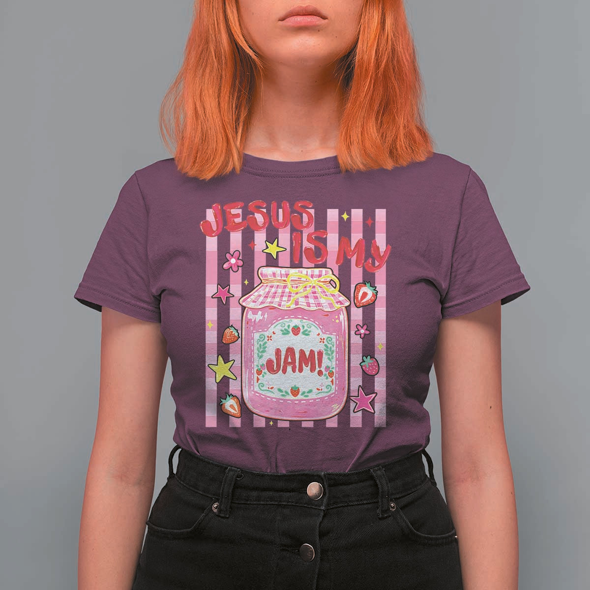 Cute Christian Faith Preppy Graphic T Shirt For Women Jesus Is My Jam Strawberry Fruit Jar
