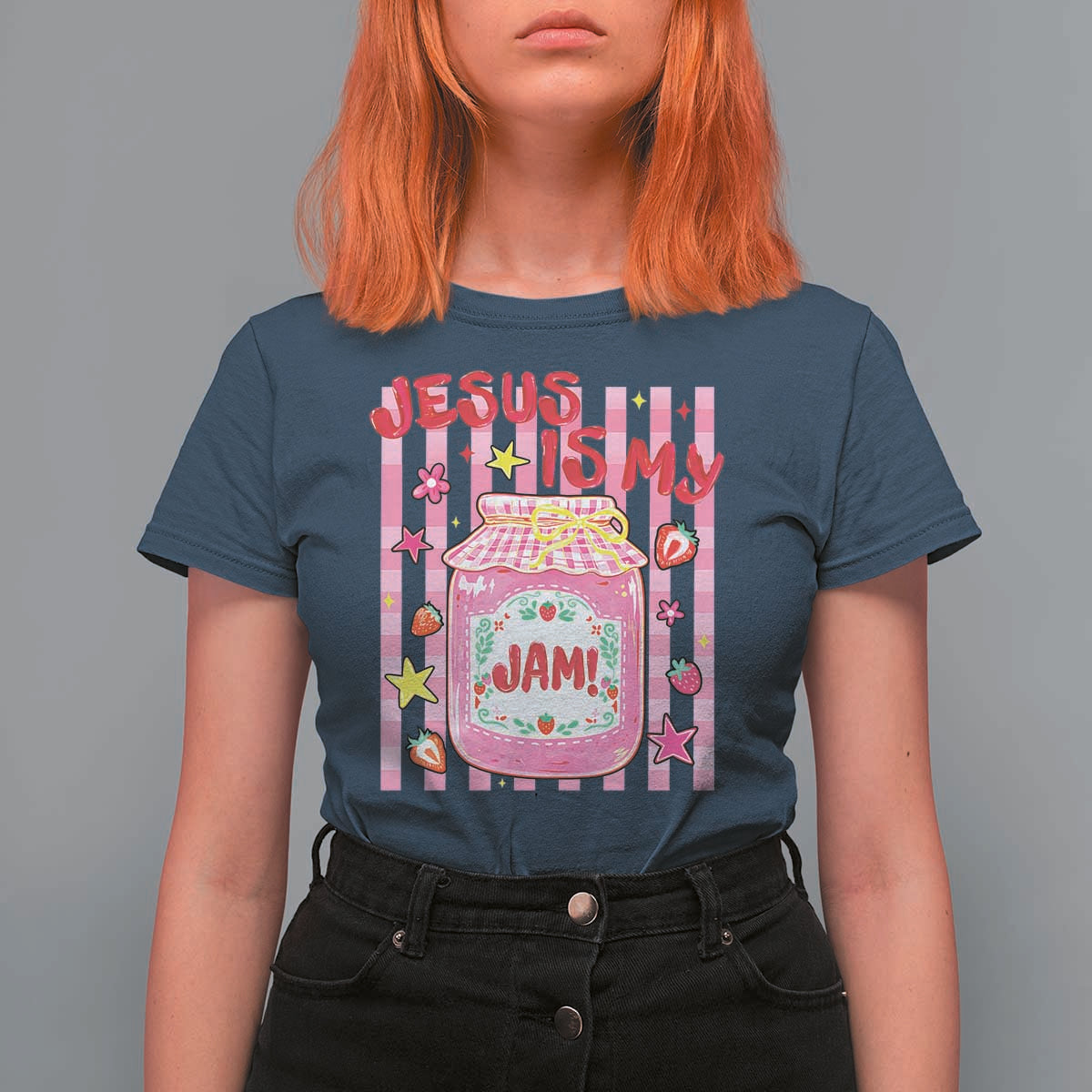 Cute Christian Faith Preppy Graphic T Shirt For Women Jesus Is My Jam Strawberry Fruit Jar