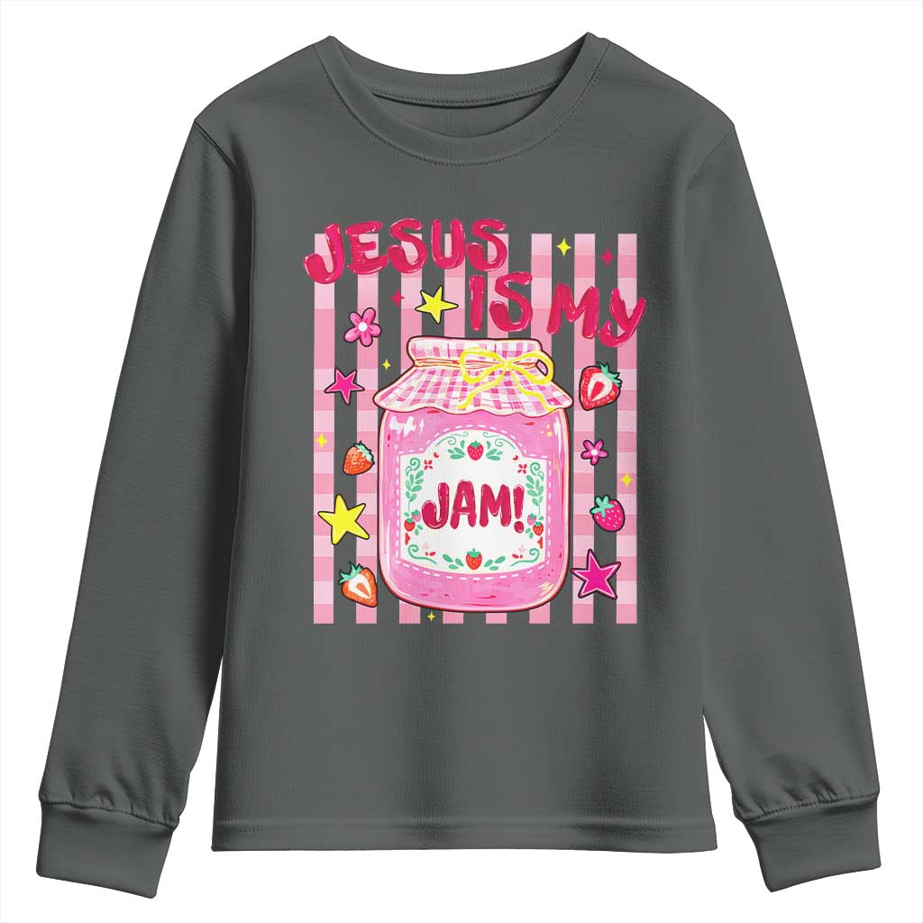 Cute Christian Faith Preppy Graphic Youth Sweatshirt Jesus Is My Jam Strawberry Fruit Jar
