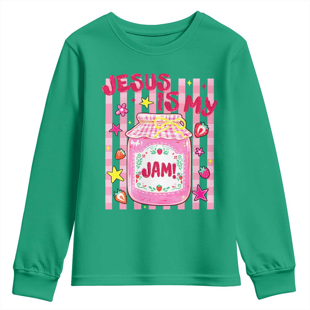 Cute Christian Faith Preppy Graphic Youth Sweatshirt Jesus Is My Jam Strawberry Fruit Jar