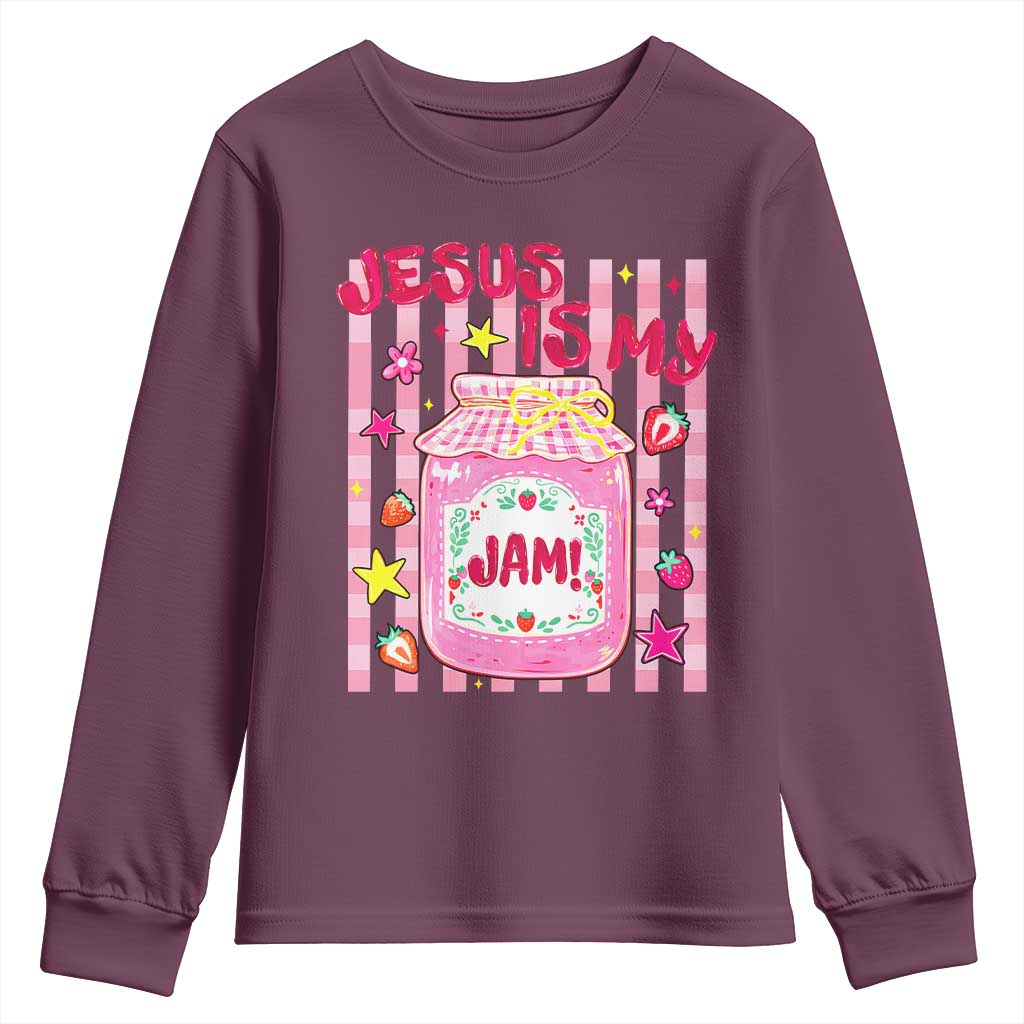Cute Christian Faith Preppy Graphic Youth Sweatshirt Jesus Is My Jam Strawberry Fruit Jar