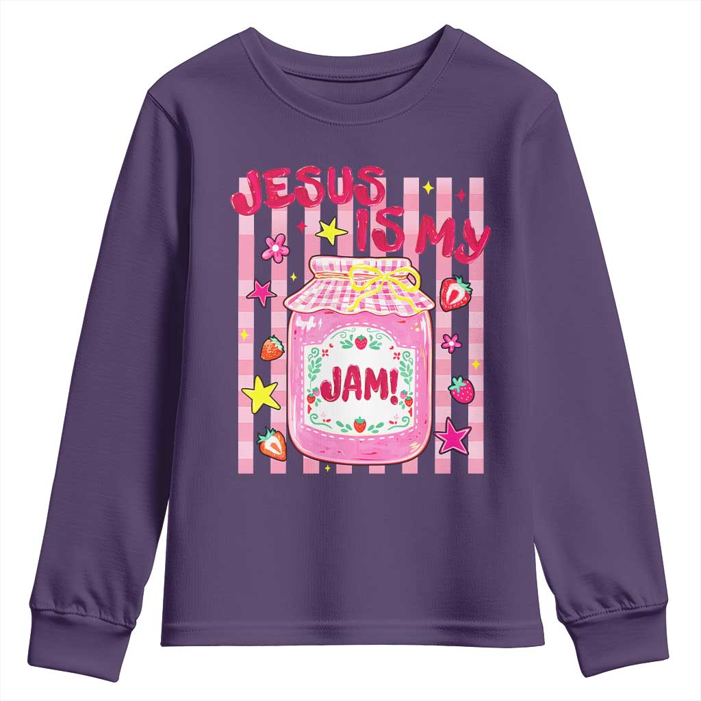 Cute Christian Faith Preppy Graphic Youth Sweatshirt Jesus Is My Jam Strawberry Fruit Jar