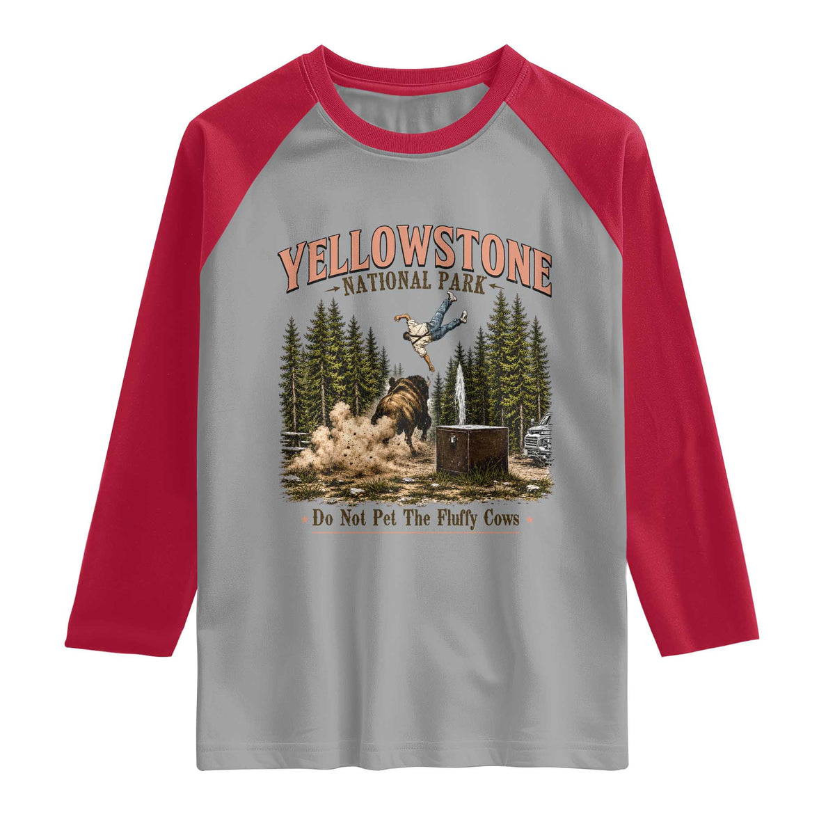 Do Not Pet The Fluffy Cows Yellowstone National Park Raglan Shirt Funny Vintage Bison Tourist Attack Graphic