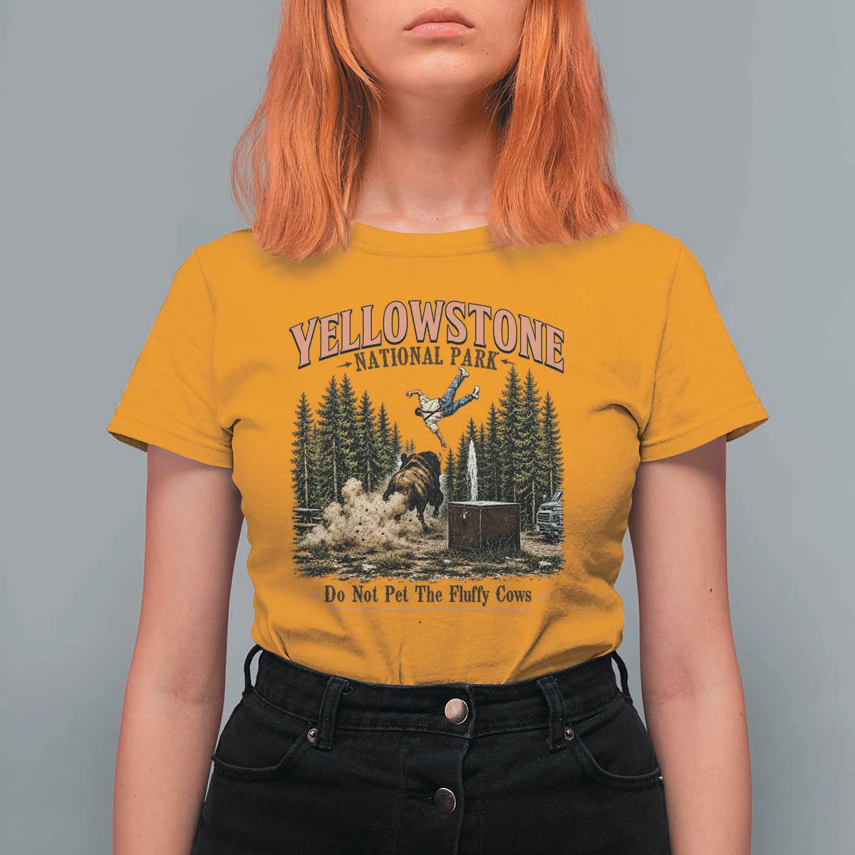 Do Not Pet The Fluffy Cows Yellowstone National Park T Shirt For Women Funny Vintage Bison Tourist Attack Graphic