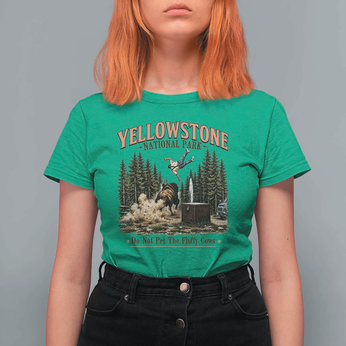 Do Not Pet The Fluffy Cows Yellowstone National Park T Shirt For Women Funny Vintage Bison Tourist Attack Graphic