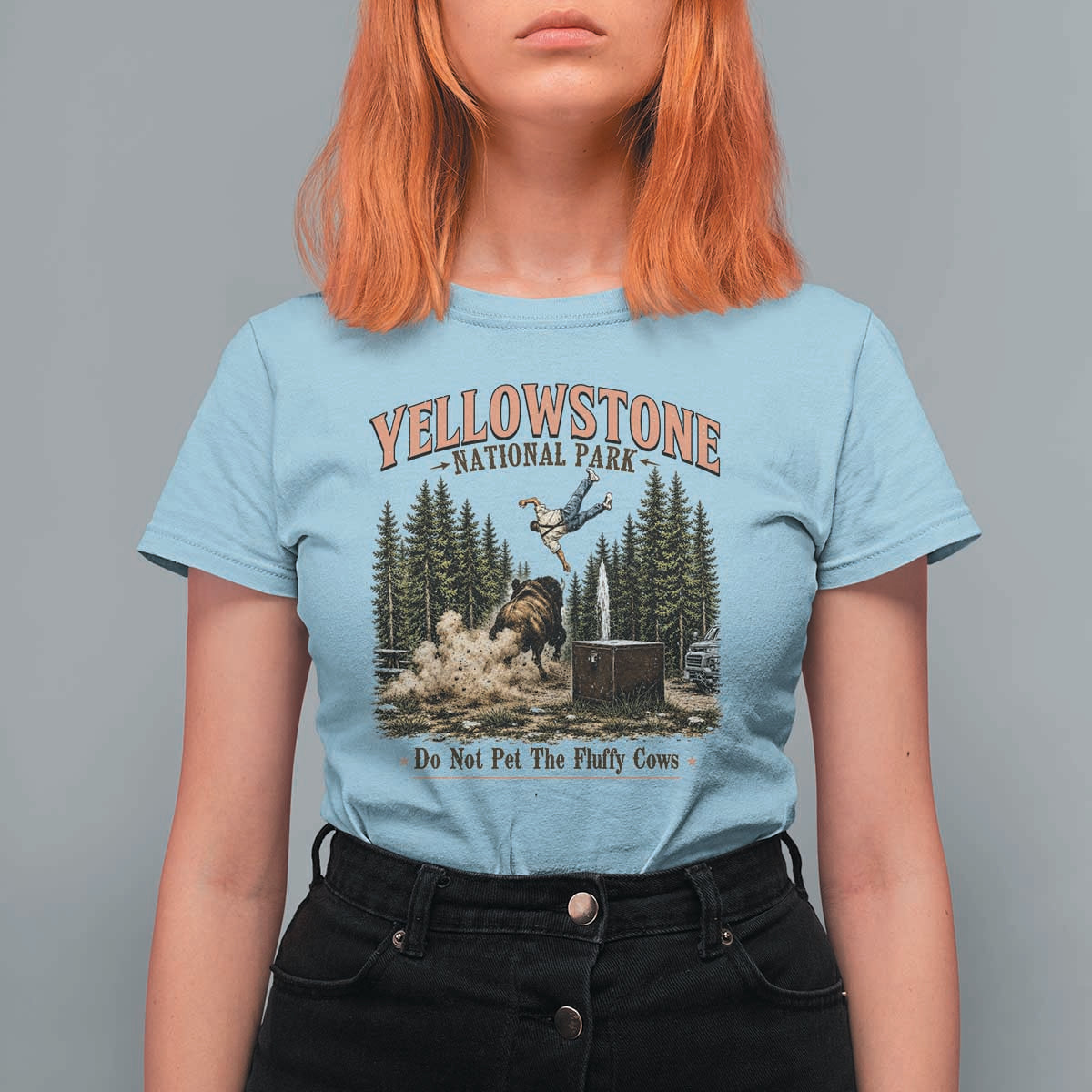 Do Not Pet The Fluffy Cows Yellowstone National Park T Shirt For Women Funny Vintage Bison Tourist Attack Graphic