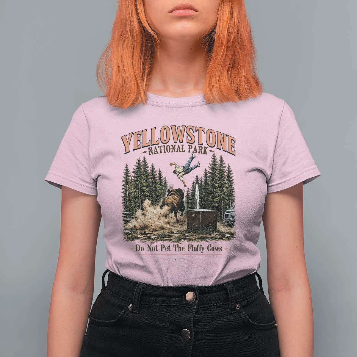 Do Not Pet The Fluffy Cows Yellowstone National Park T Shirt For Women Funny Vintage Bison Tourist Attack Graphic