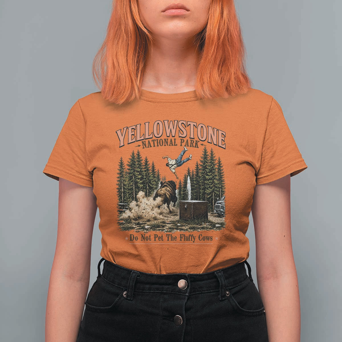 Do Not Pet The Fluffy Cows Yellowstone National Park T Shirt For Women Funny Vintage Bison Tourist Attack Graphic