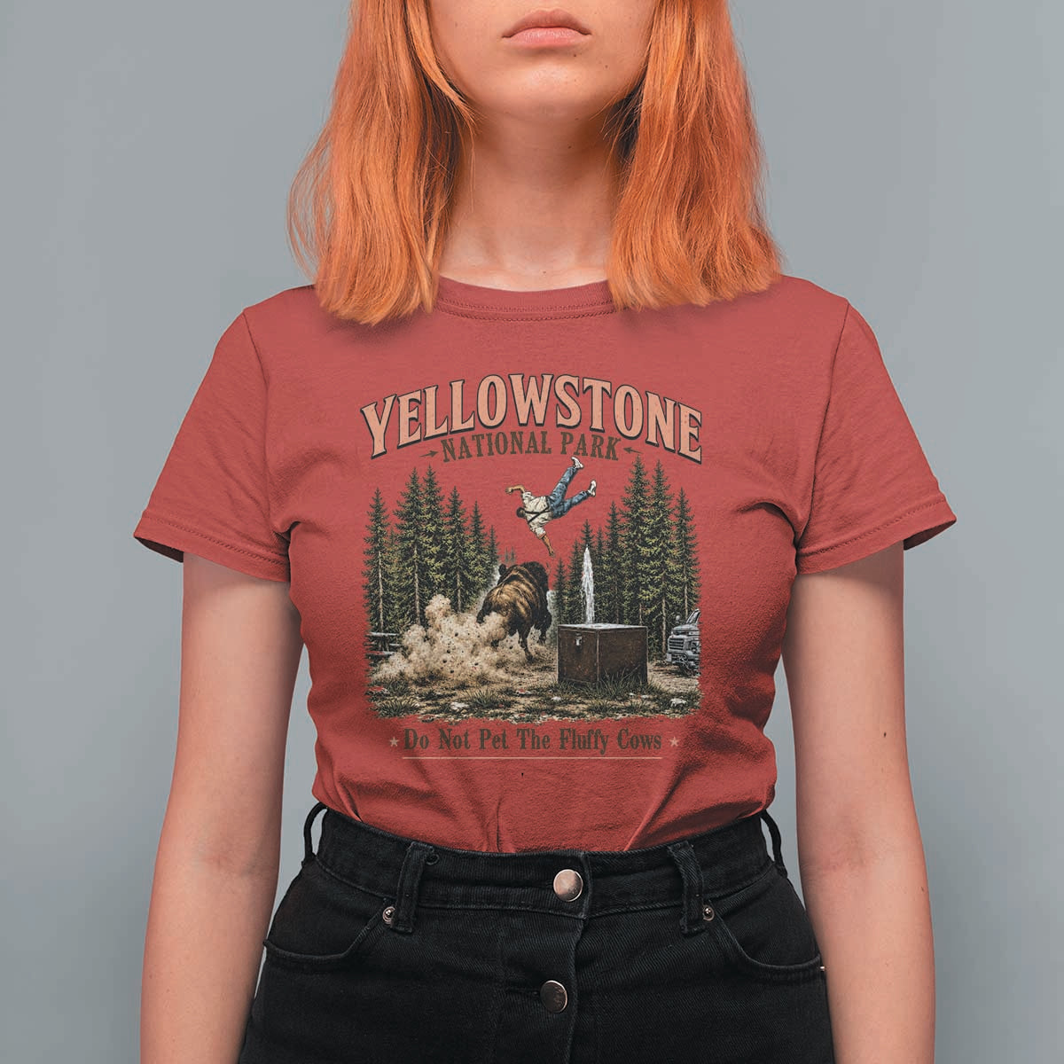 Do Not Pet The Fluffy Cows Yellowstone National Park T Shirt For Women Funny Vintage Bison Tourist Attack Graphic