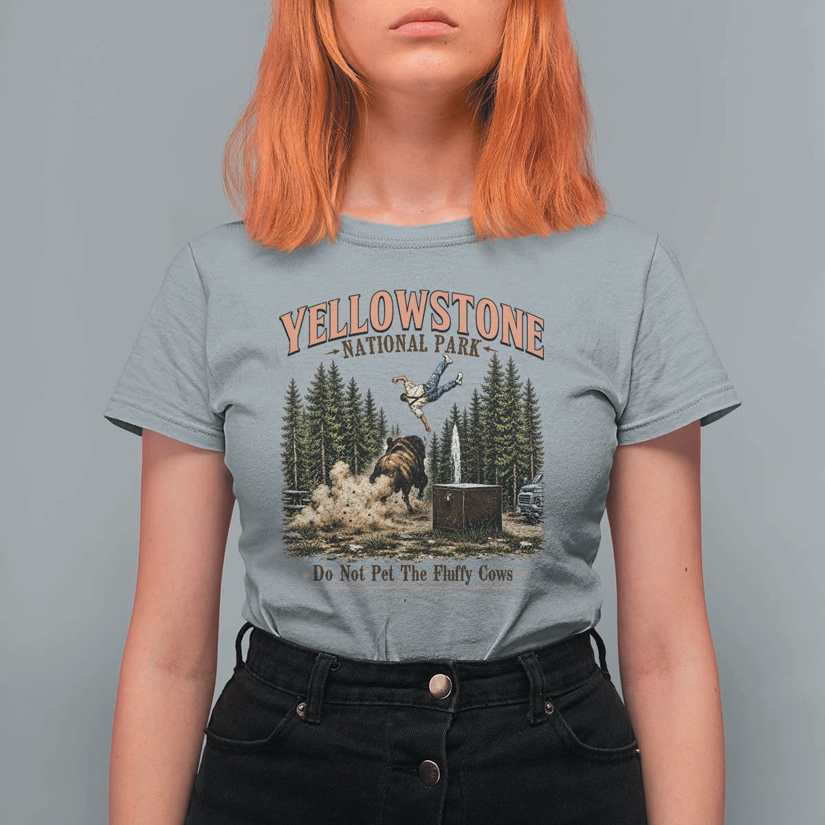 Do Not Pet The Fluffy Cows Yellowstone National Park T Shirt For Women Funny Vintage Bison Tourist Attack Graphic