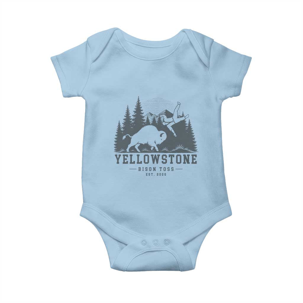Yellowstone Bison Toss Est 2026 Baby Onesie Funny Sarcastic Tourist National Park Badge Graphic