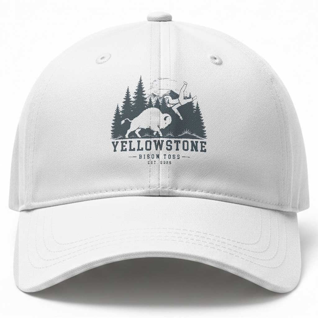 Yellowstone Bison Toss Est 2026 Baseball Cap Funny Sarcastic Tourist National Park Badge Graphic