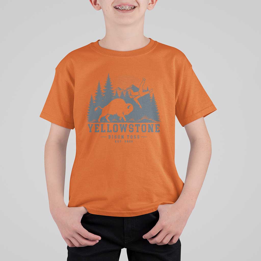 Yellowstone Bison Toss Est 2026 T Shirt For Kid Funny Sarcastic Tourist National Park Badge Graphic