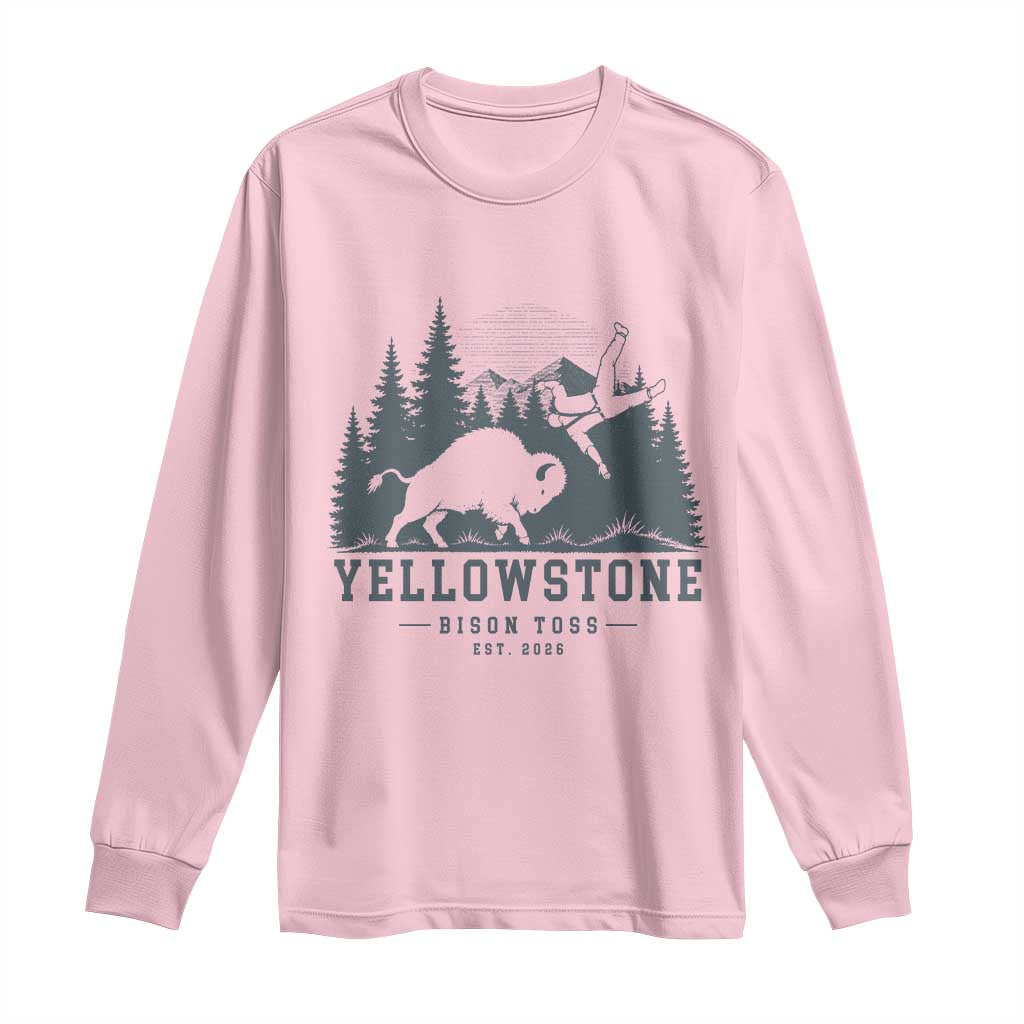 Yellowstone Bison Toss Est 2026 Long Sleeve Shirt Funny Sarcastic Tourist National Park Badge Graphic