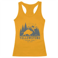 Yellowstone Bison Toss Est 2026 Racerback Tank Top Funny Sarcastic Tourist National Park Badge Graphic