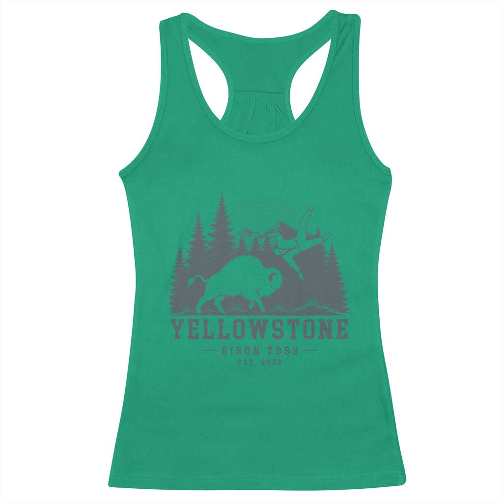 Yellowstone Bison Toss Est 2026 Racerback Tank Top Funny Sarcastic Tourist National Park Badge Graphic