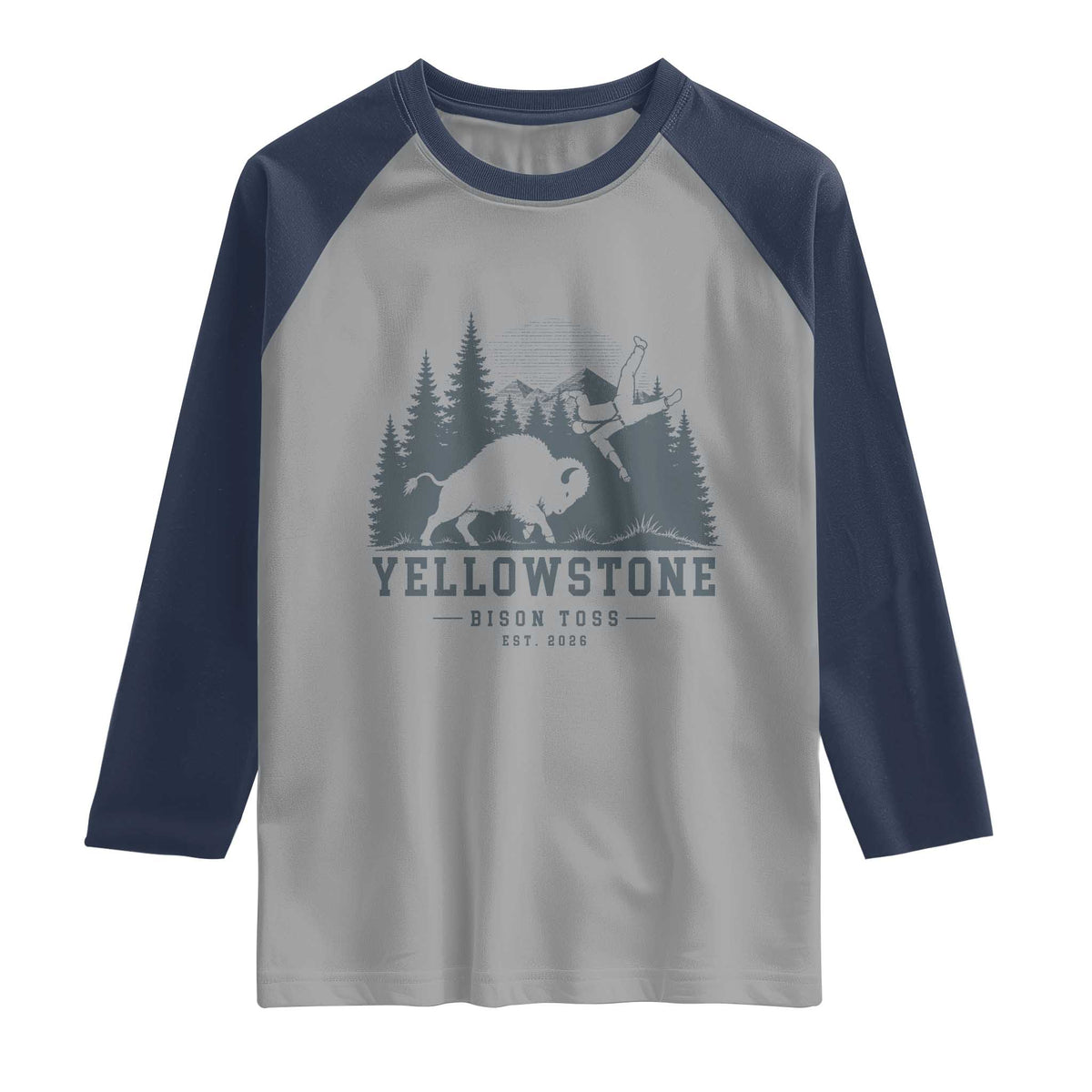 Yellowstone Bison Toss Est 2026 Raglan Shirt Funny Sarcastic Tourist National Park Badge Graphic