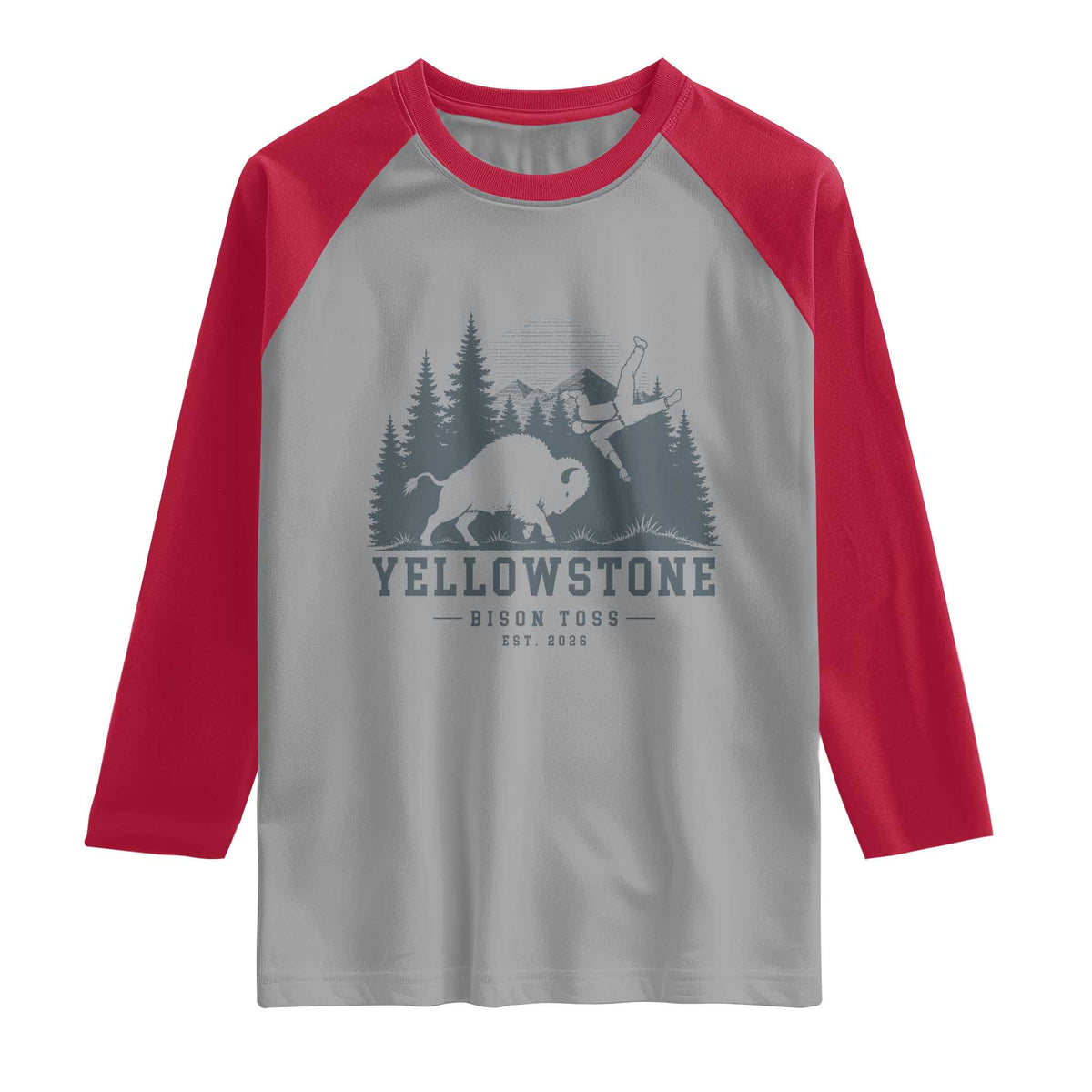 Yellowstone Bison Toss Est 2026 Raglan Shirt Funny Sarcastic Tourist National Park Badge Graphic