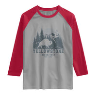 Yellowstone Bison Toss Est 2026 Raglan Shirt Funny Sarcastic Tourist National Park Badge Graphic