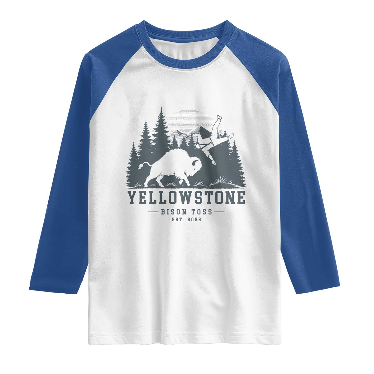 Yellowstone Bison Toss Est 2026 Raglan Shirt Funny Sarcastic Tourist National Park Badge Graphic