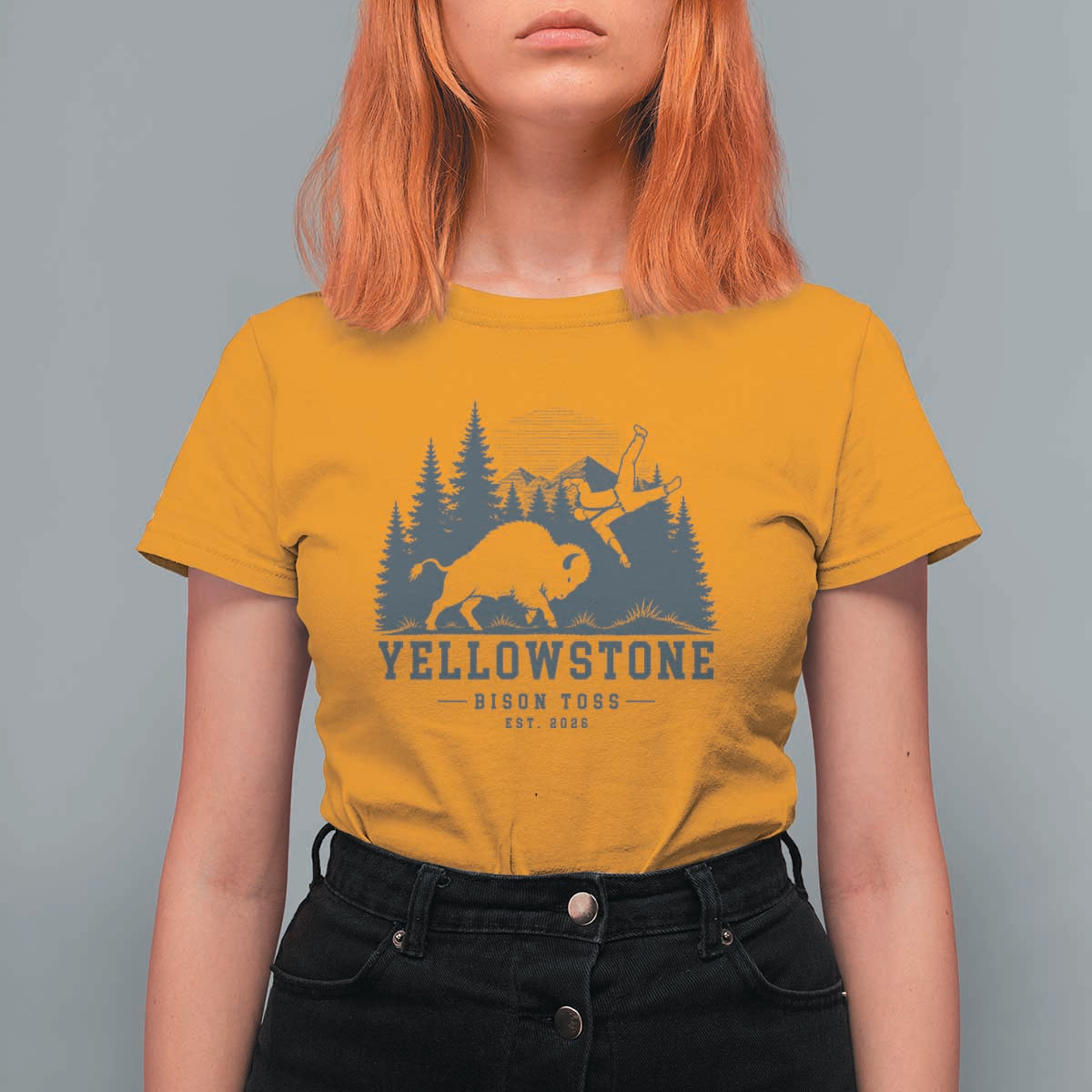 Yellowstone Bison Toss Est 2026 T Shirt For Women Funny Sarcastic Tourist National Park Badge Graphic