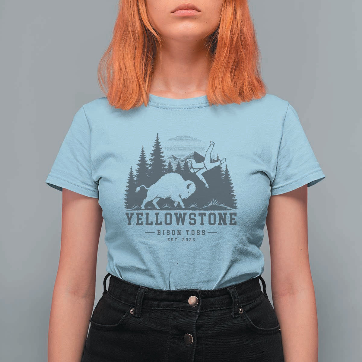 Yellowstone Bison Toss Est 2026 T Shirt For Women Funny Sarcastic Tourist National Park Badge Graphic