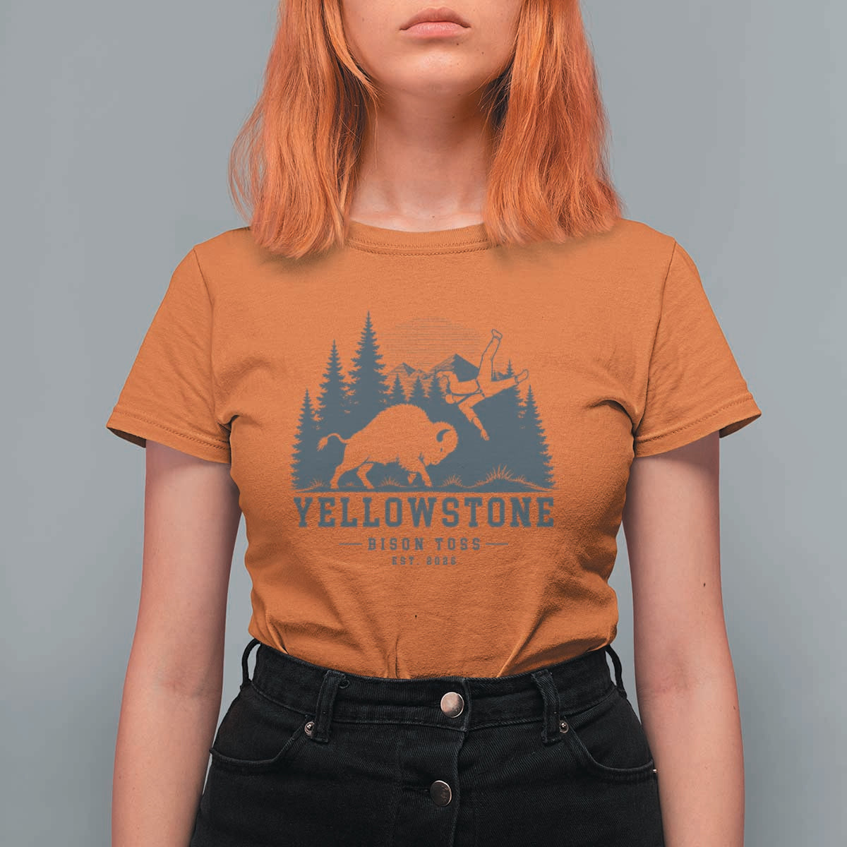 Yellowstone Bison Toss Est 2026 T Shirt For Women Funny Sarcastic Tourist National Park Badge Graphic