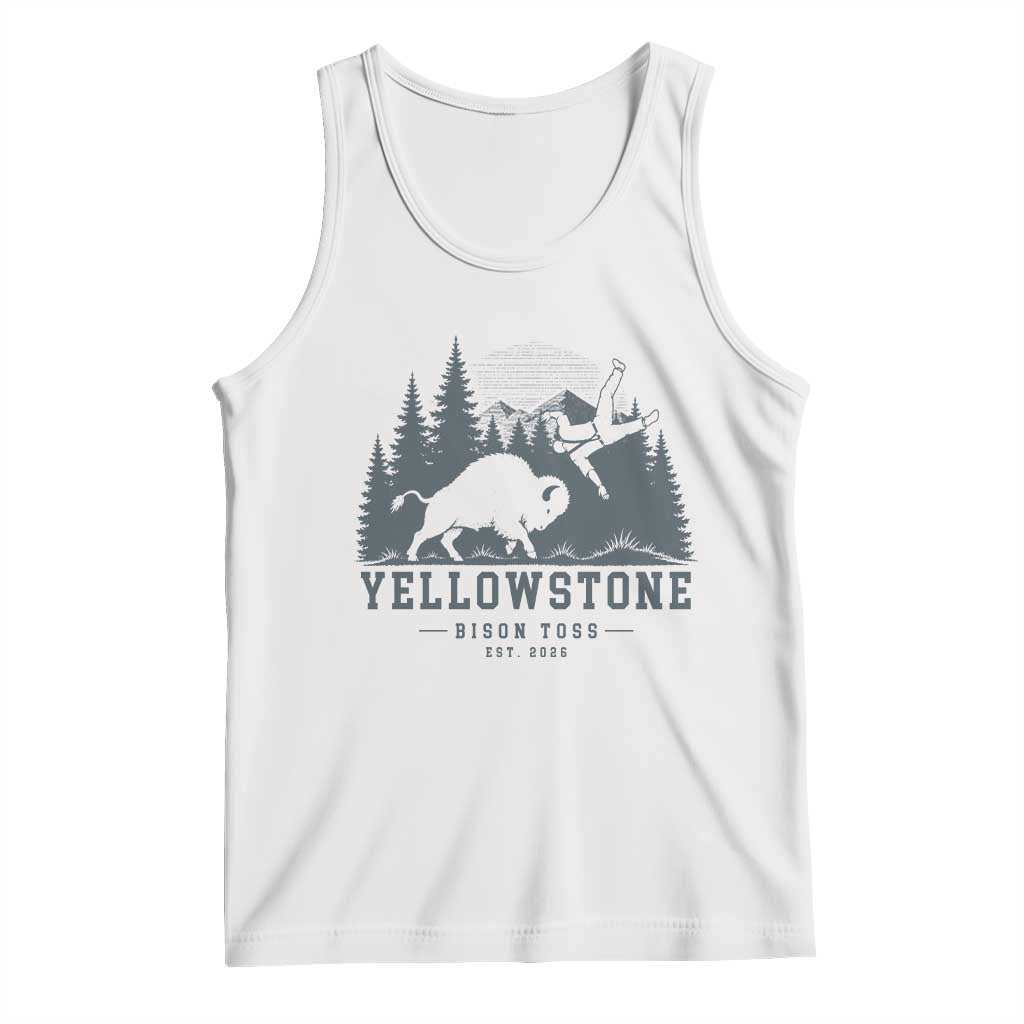 Yellowstone Bison Toss Est 2026 Tank Top Funny Sarcastic Tourist National Park Badge Graphic