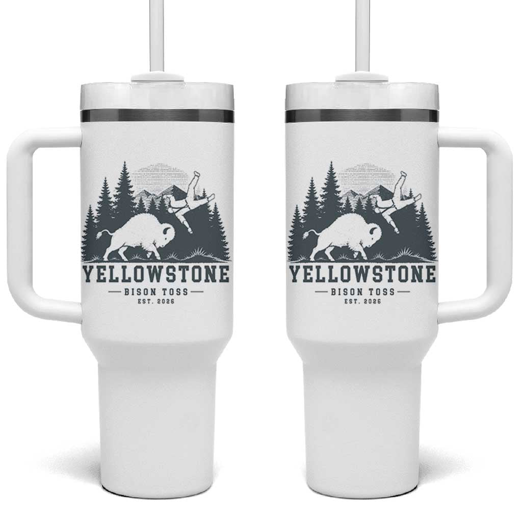 Yellowstone Bison Toss Est 2026 Tumbler With Handle Funny Sarcastic Tourist National Park Badge Graphic