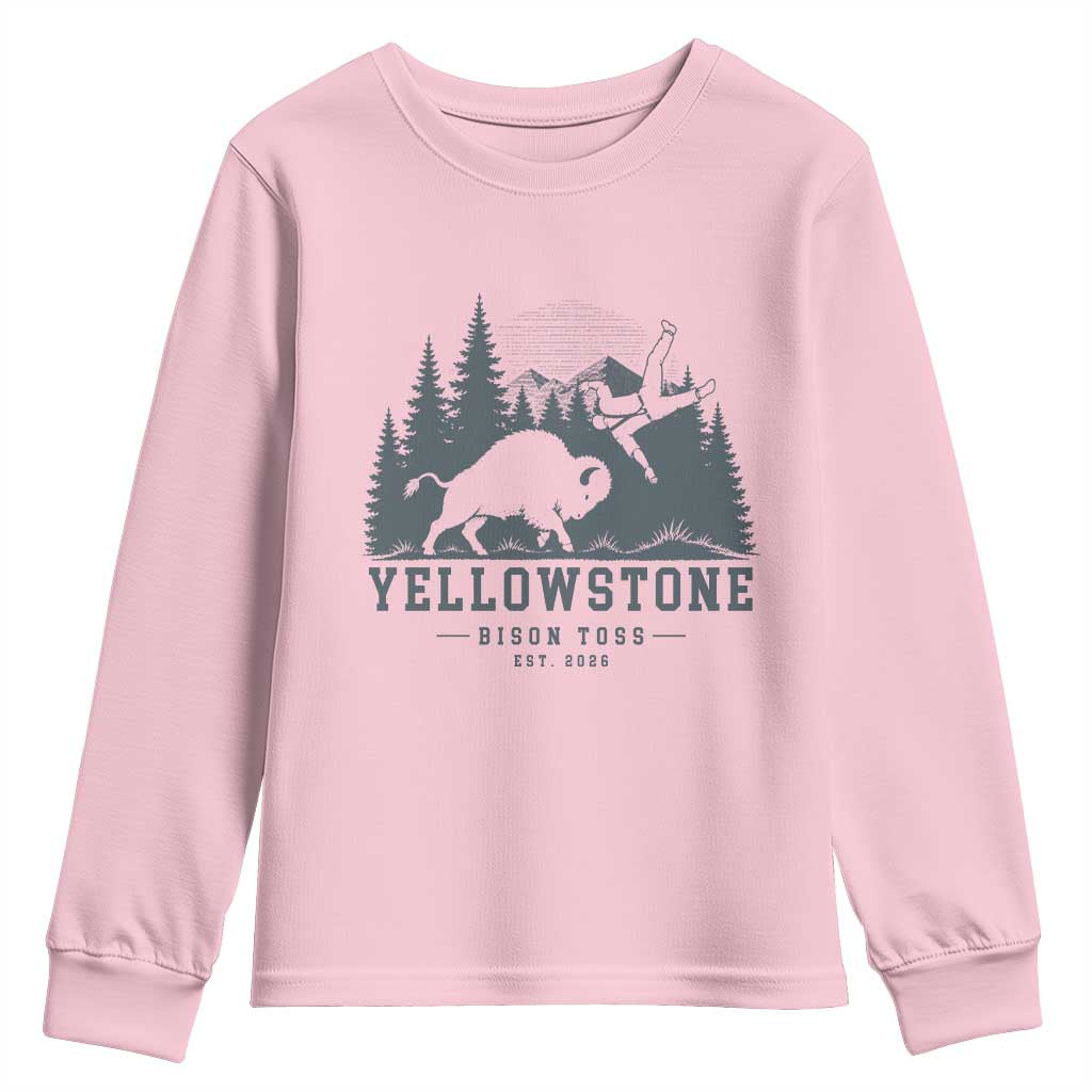Yellowstone Bison Toss Est 2026 Youth Sweatshirt Funny Sarcastic Tourist National Park Badge Graphic