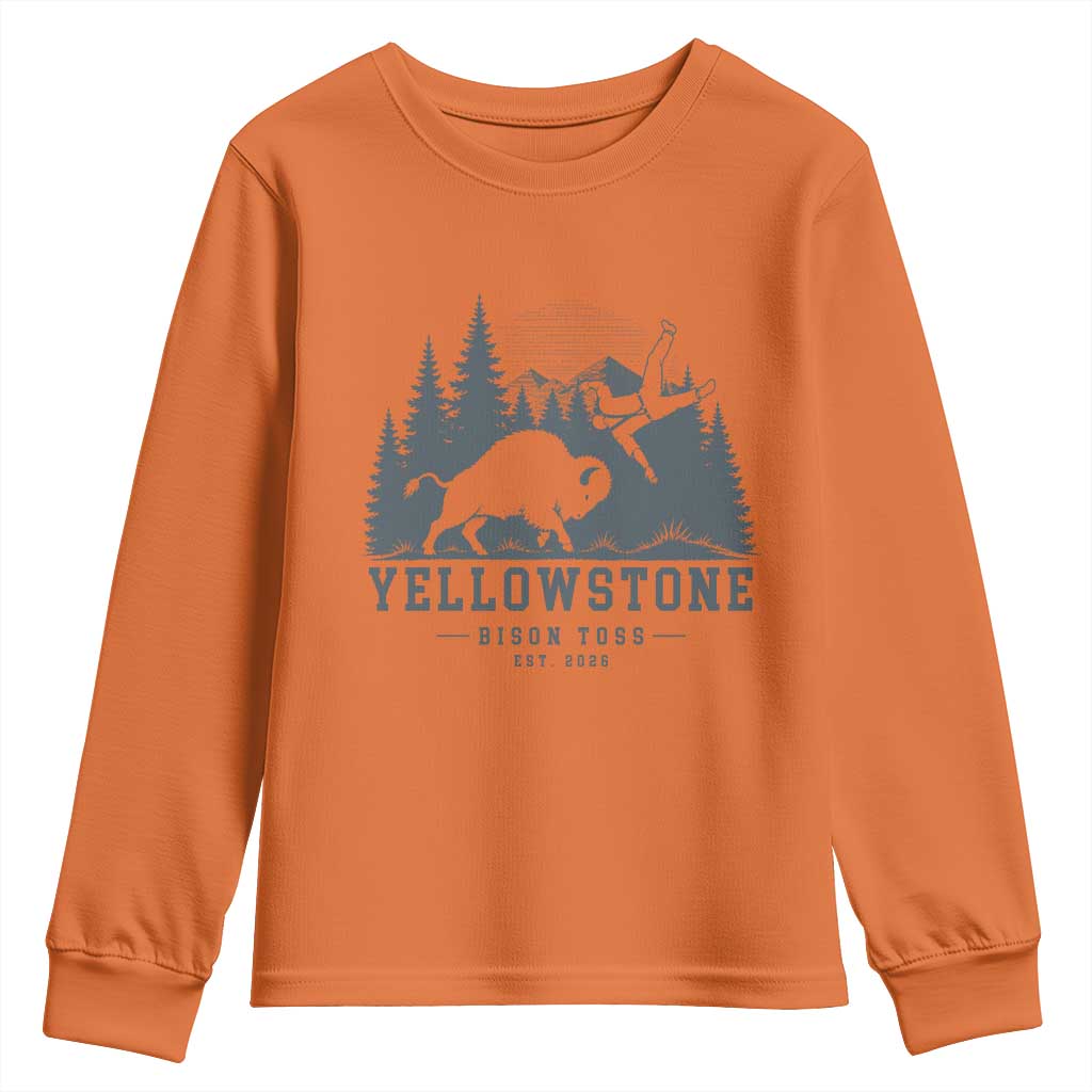 Yellowstone Bison Toss Est 2026 Youth Sweatshirt Funny Sarcastic Tourist National Park Badge Graphic