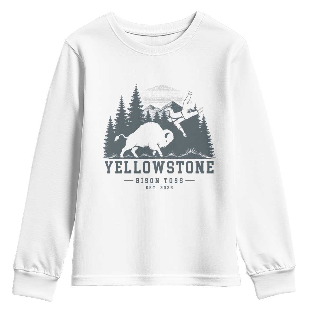Yellowstone Bison Toss Est 2026 Youth Sweatshirt Funny Sarcastic Tourist National Park Badge Graphic