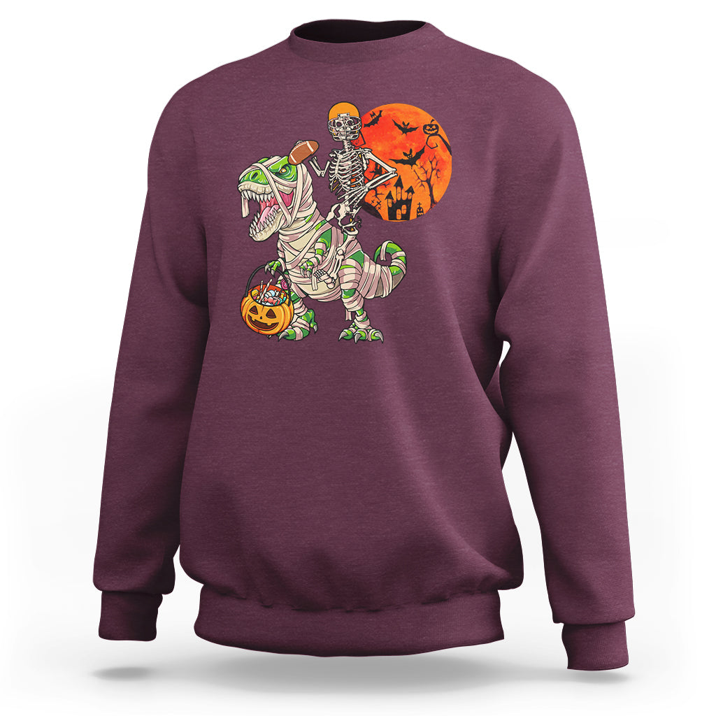 Football Skeleton Sweatshirt American Football Halloween Skeleton Riding Dinosaur Football Fan - Wonder Print Shop