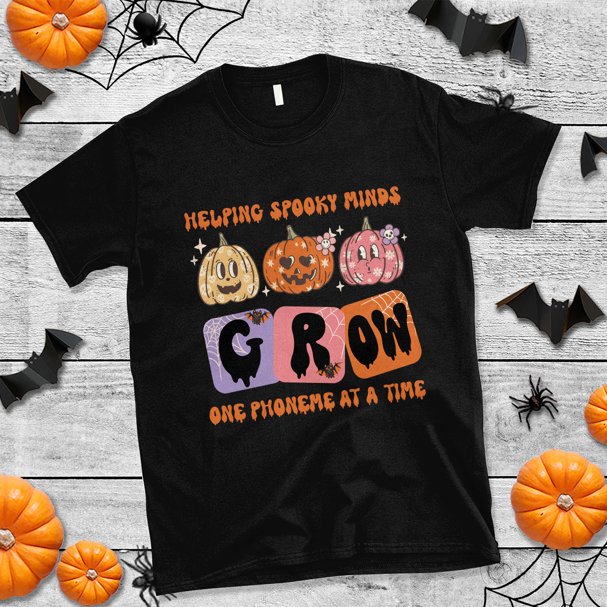 Halloween Reading T Shirt Helping Spooky Minds Grow One Phoneme Dyslexia Pumpkin - Wonder Print Shop
