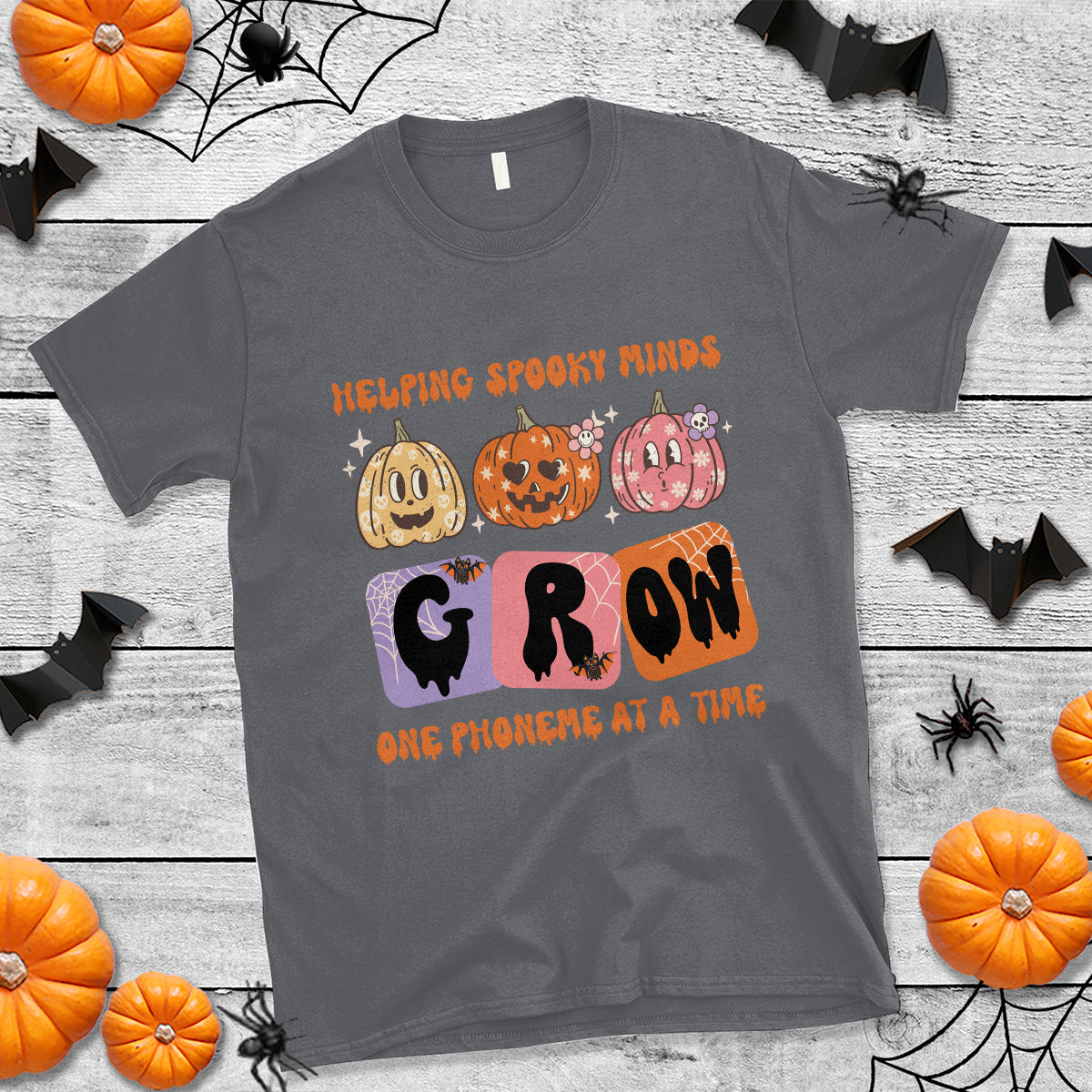 Halloween Reading T Shirt Helping Spooky Minds Grow One Phoneme Dyslexia Pumpkin - Wonder Print Shop