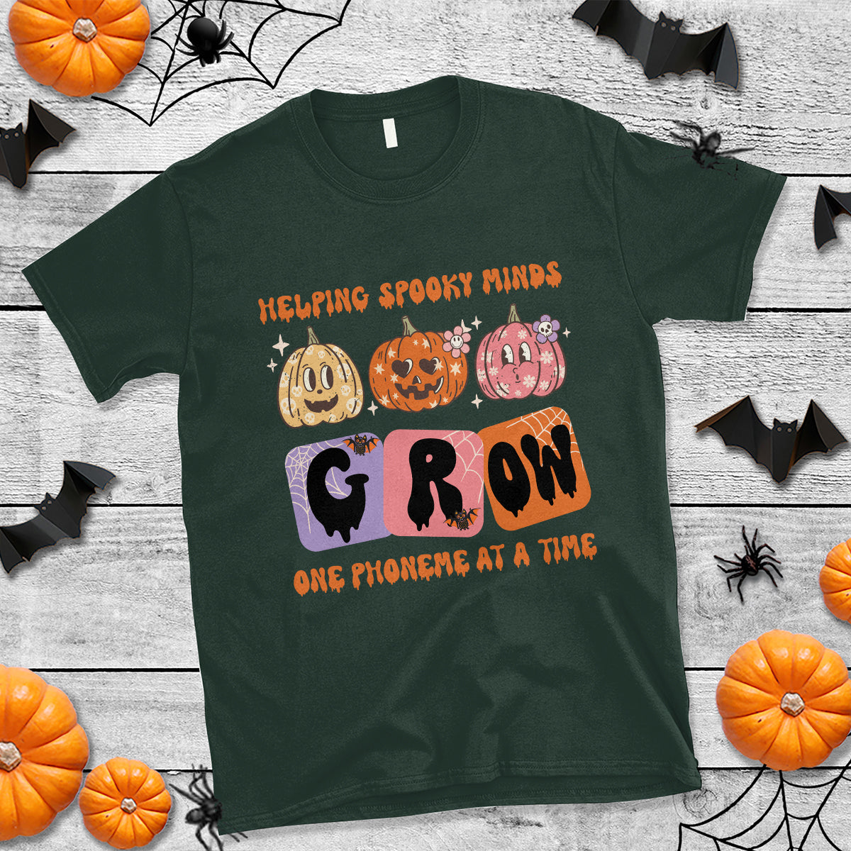 Halloween Reading T Shirt Helping Spooky Minds Grow One Phoneme Dyslexia Pumpkin - Wonder Print Shop