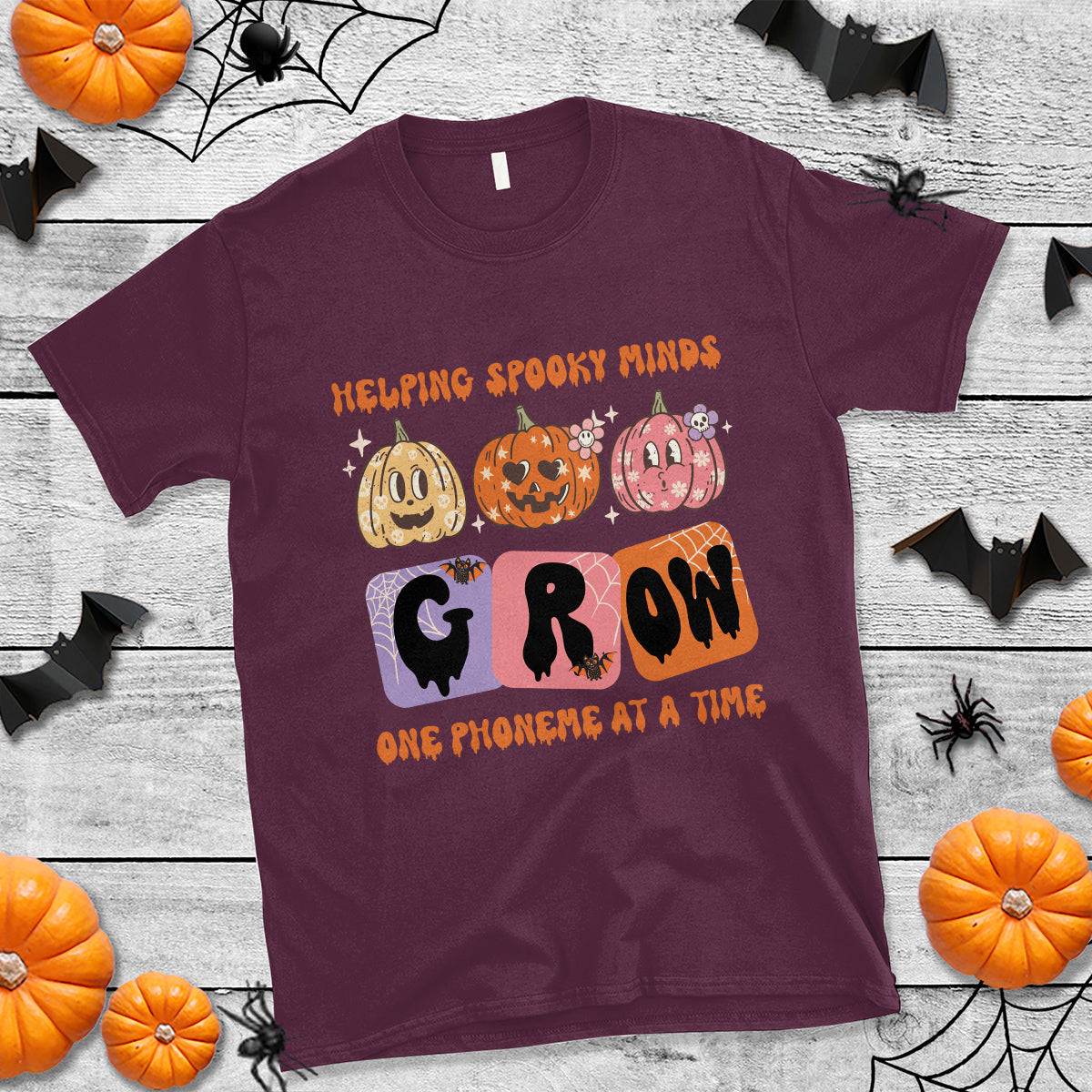 Halloween Reading T Shirt Helping Spooky Minds Grow One Phoneme Dyslexia Pumpkin - Wonder Print Shop