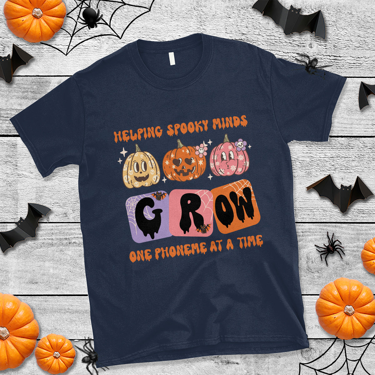 Halloween Reading T Shirt Helping Spooky Minds Grow One Phoneme Dyslexia Pumpkin - Wonder Print Shop