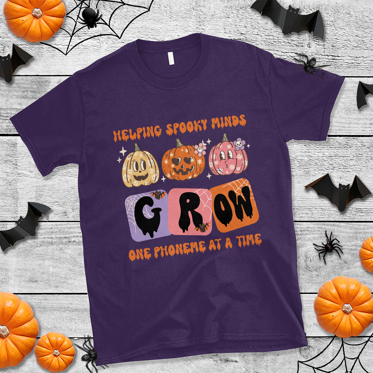 Halloween Reading T Shirt Helping Spooky Minds Grow One Phoneme Dyslexia Pumpkin - Wonder Print Shop