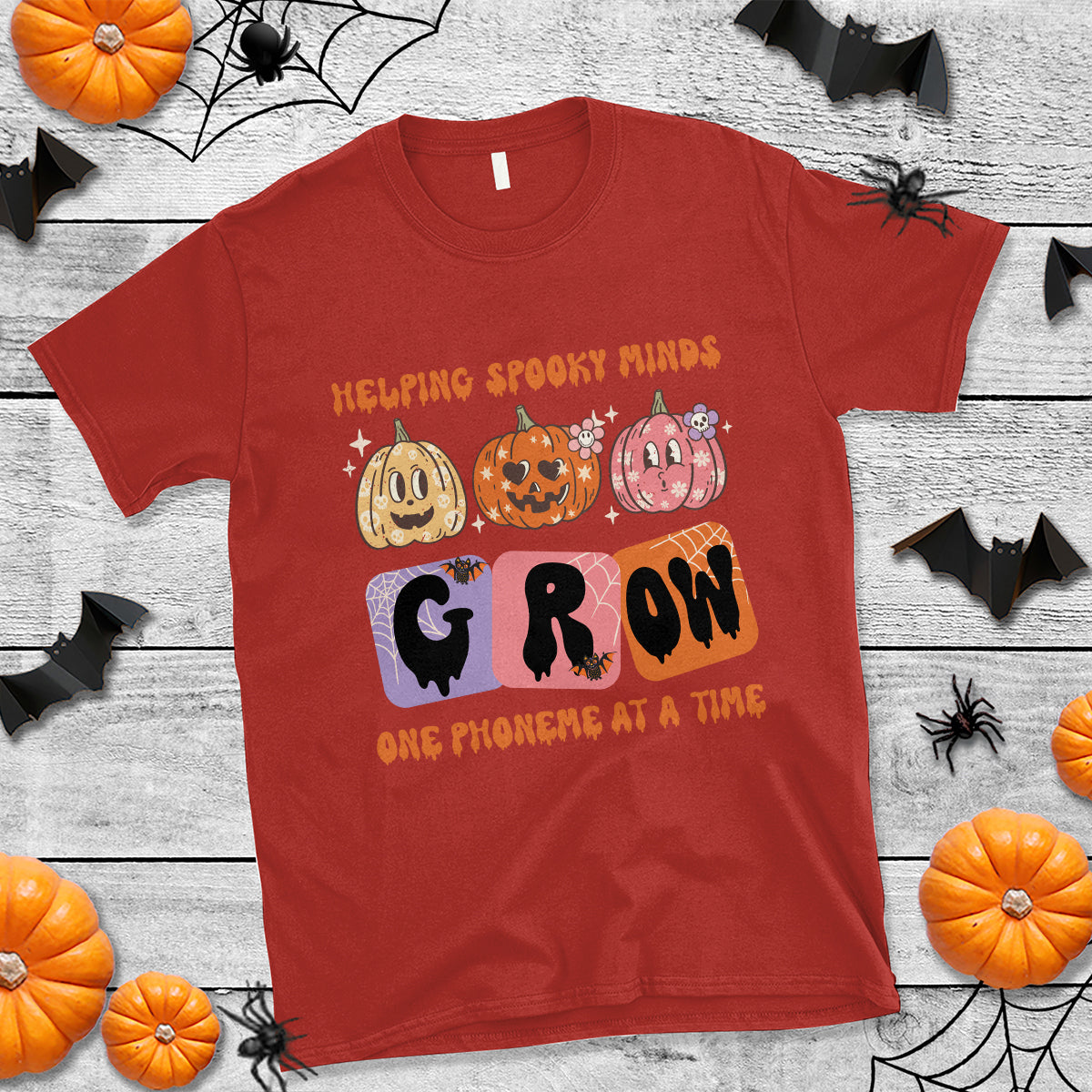 Halloween Reading T Shirt Helping Spooky Minds Grow One Phoneme Dyslexia Pumpkin - Wonder Print Shop
