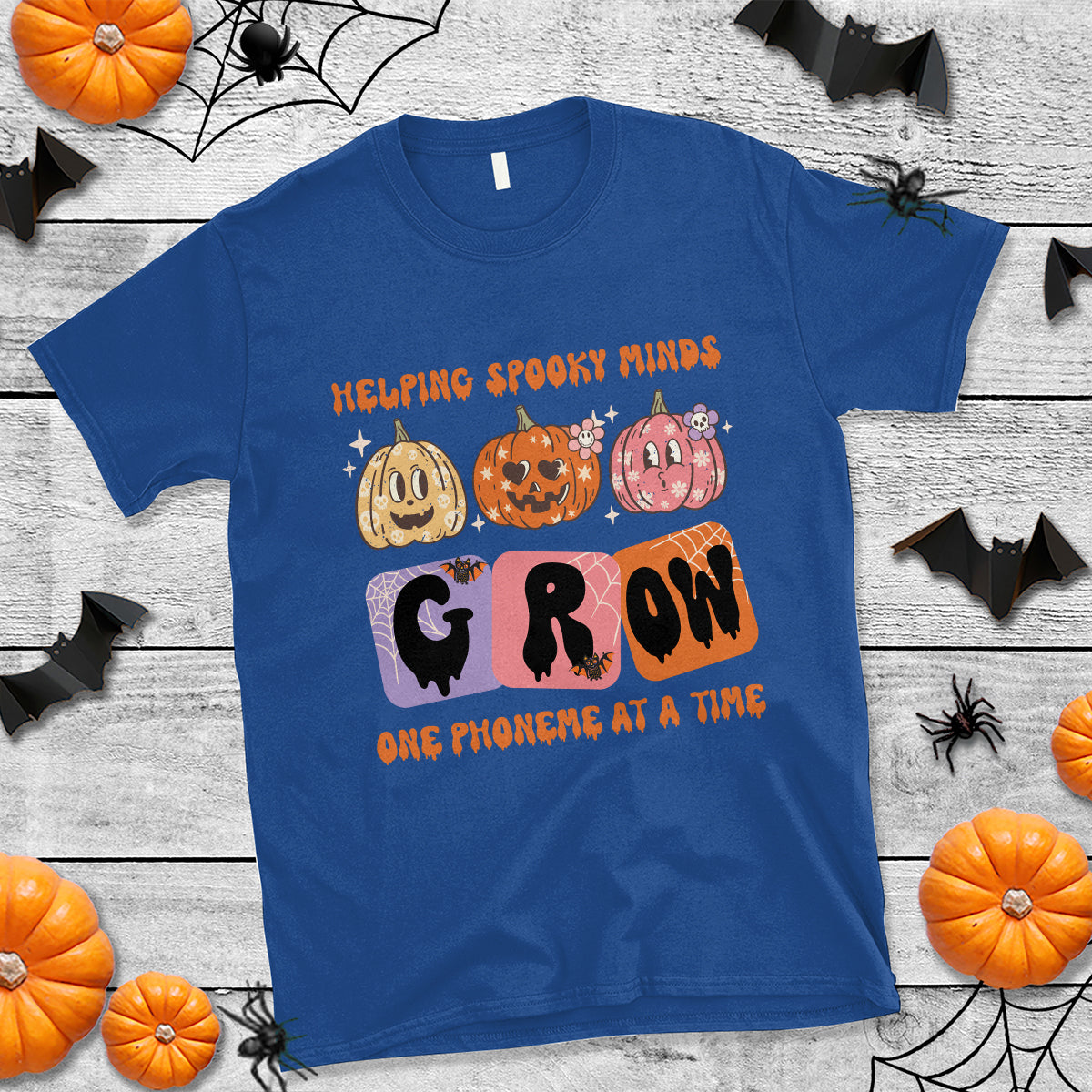 Halloween Reading T Shirt Helping Spooky Minds Grow One Phoneme Dyslexia Pumpkin - Wonder Print Shop