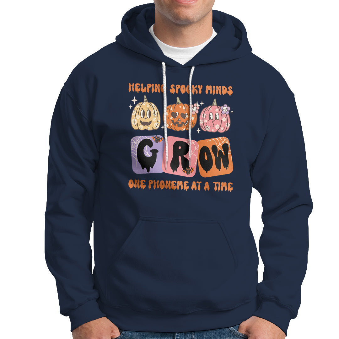 Halloween Reading Hoodie Helping Spooky Minds Grow One Phoneme Dyslexia Pumpkin - Wonder Print Shop