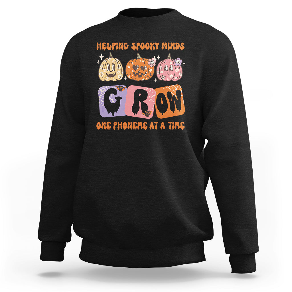 Halloween Reading Sweatshirt Helping Spooky Minds Grow One Phoneme Dyslexia Pumpkin - Wonder Print Shop
