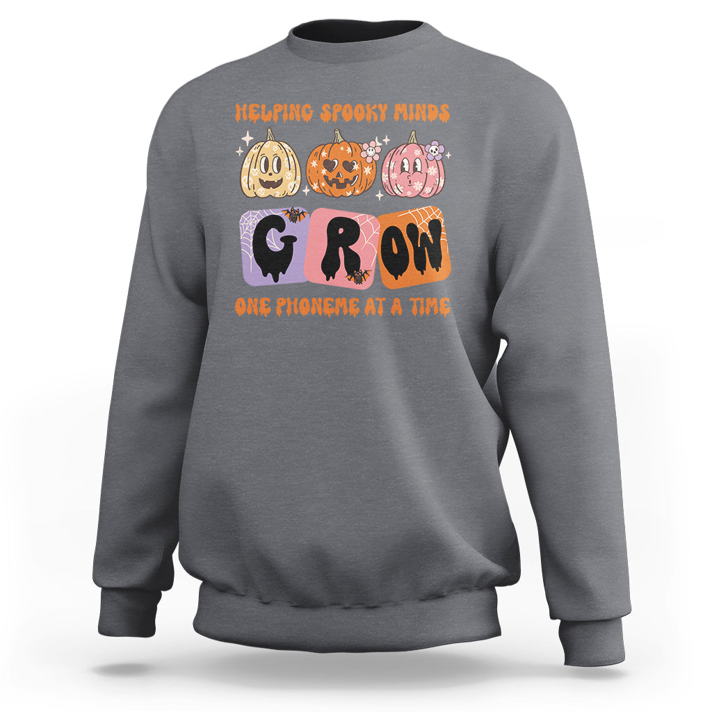 Halloween Reading Sweatshirt Helping Spooky Minds Grow One Phoneme Dyslexia Pumpkin - Wonder Print Shop
