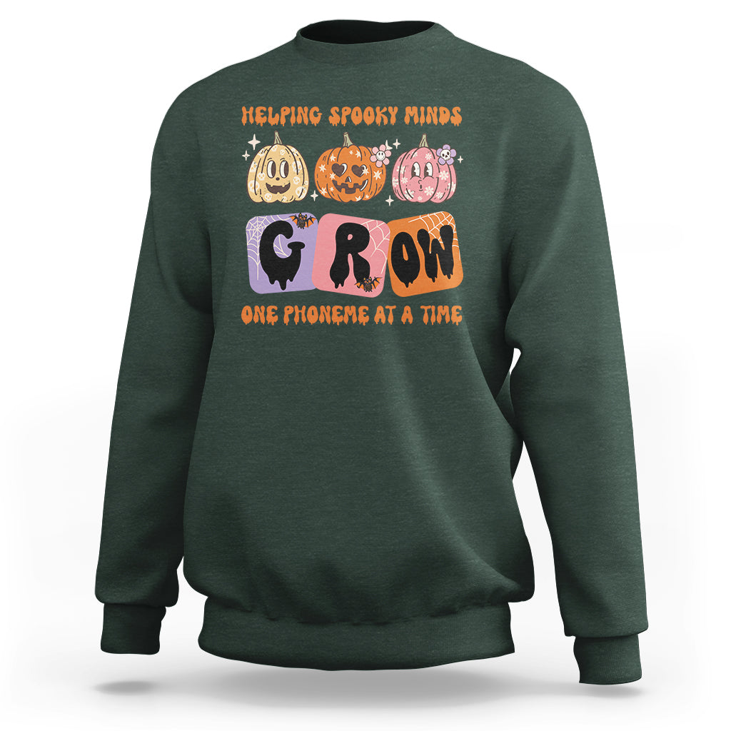 Halloween Reading Sweatshirt Helping Spooky Minds Grow One Phoneme Dyslexia Pumpkin - Wonder Print Shop